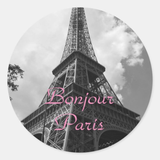 Sticker Rond Bonjour Paris Black White Eiffel Tower France (Devant)