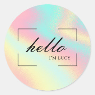 Sticker Rond Bonjour Pastel Holographique Nom marketing