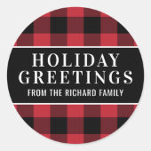 Sticker Rond Bonjour Red et Black Buffalo Plaid (Devant)