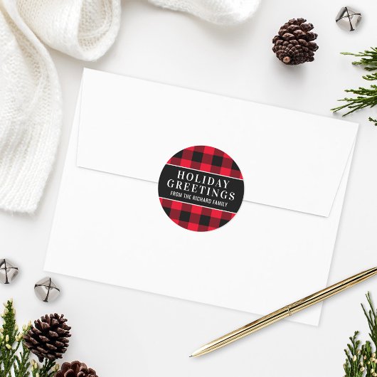 Sticker Rond Bonjour Red et Black Buffalo Plaid