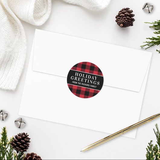 Sticker Rond Bonjour Red et Black Buffalo Plaid