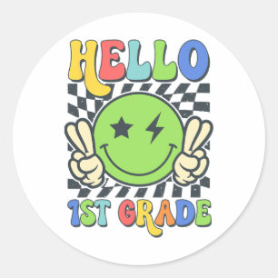 Sticker Rond Bonjour vibes de 1re année visage souriant groovy 