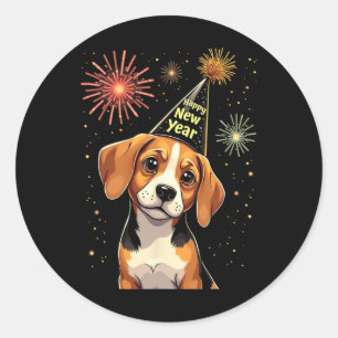 Sticker Rond Bonne année 2025 Eve Feu d'artifice Chien Drôle Be