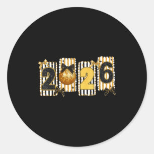 Sticker Rond Bonne Année 2026 Boule Disco Or Nœud Coquette F