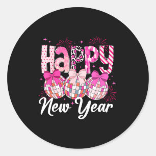 Sticker Rond Bonne année 2026 Nk Coquette Nœud Boule Disco Feu