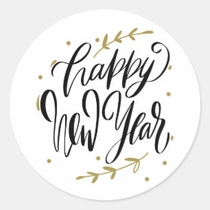 Sticker Rond Bonne année Calligraphie moderne Couronne Noir