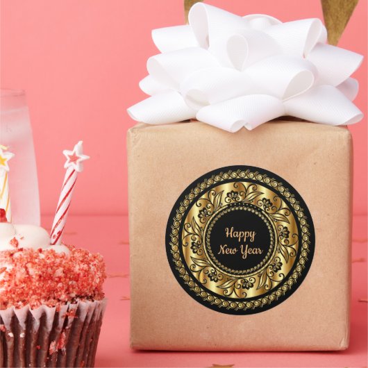 Sticker Rond Bonne année, élégant noir et or, (Fête)