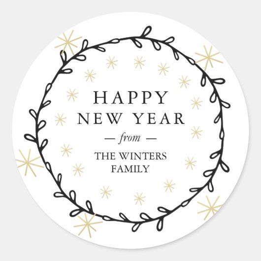 Sticker Rond Bonne année Laurel Wreath Gold Stars Nom (Devant)
