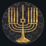 Sticker Rond Bonne chanouka<br><div class="desc">Illustration d'une menorah avec un texte de Happy Chanukah</div>
