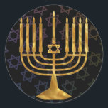 Sticker Rond Bonne chanouka<br><div class="desc">Illustration d'une menorah avec un texte de Happy Chanukah</div>