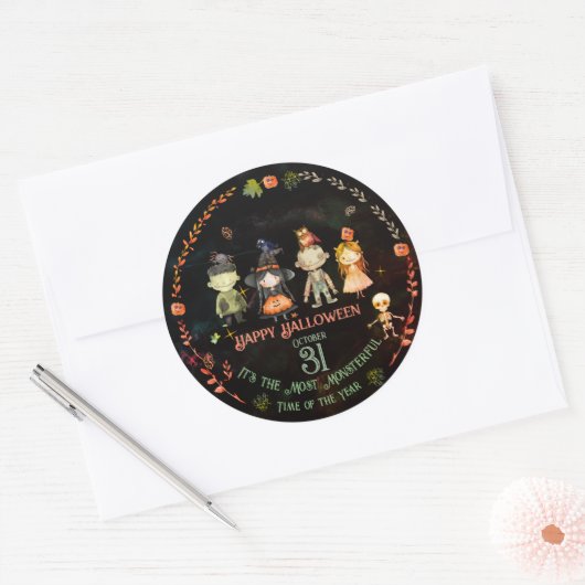 Sticker Rond Bonne fête des monstres mignons d'Halloween (Enveloppe)