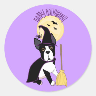 Sticker Rond Bonne Halloween Boston Terrier Witch