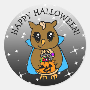 Sticker Rond Bonne Halloween chouette Whimsical Owl avec bonbon