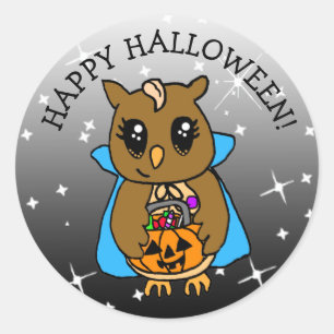 Sticker Rond Bonne Halloween chouette Whimsical Owl avec bonbon