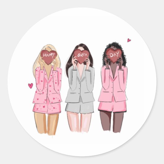 Sticker Rond Bonne illustration d'anniversaire filles roses (Devant)