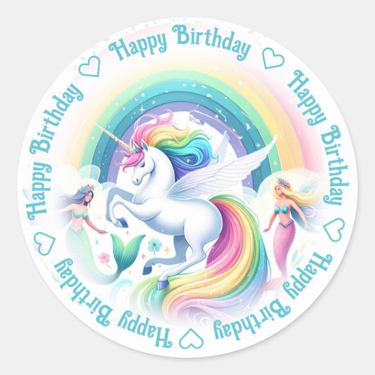 Sticker Rond Bonne licorne d'anniversaire et sirènes (Devant)