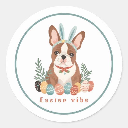 Sticker Rond Bonne Pâques avec France Bulldog dans Bunny Ears (Devant)