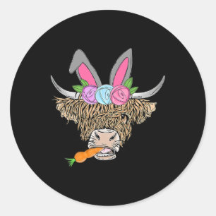 Sticker Rond Bonne Pâques Heifer Highland Vache Avec Bunny Ears
