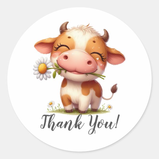 Sticker Rond Bonne vache Brown avec Merci à fleurs (Devant)