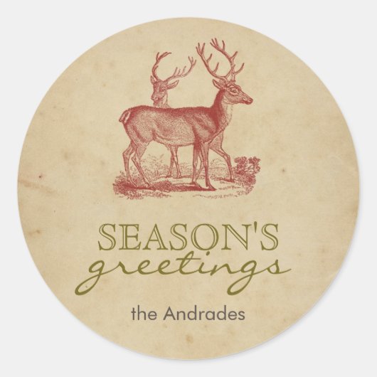 Sticker Rond Bonnes Fêtes Vintage Noël Cerf Rustique (Devant)
