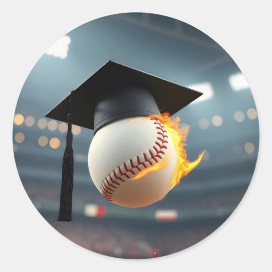 Sticker Rond Bonnet de fin d'études sur un baseball flamboyant (Devant)