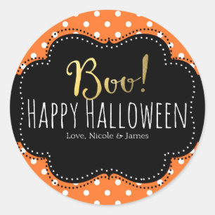 Sticker Rond BOO! Favori Halloween orange et blanc à pois