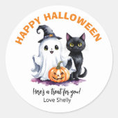 Sticker Rond Boo ! Happy Halloween convivial fantôme & chat (Devant)