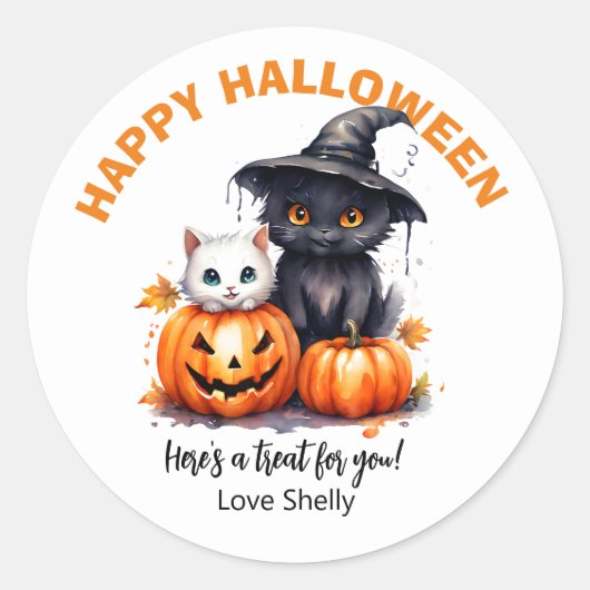 Sticker Rond Boo ! Happy Halloween convivial fantôme & chat (Devant)