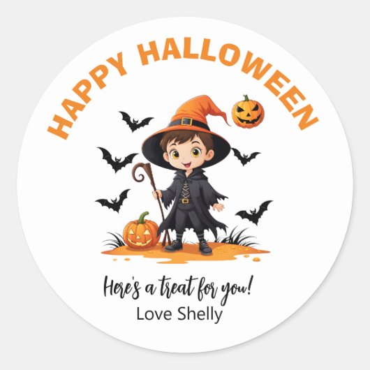 Sticker Rond Boo ! Happy Halloween convivial fantôme & chat (Devant)