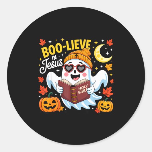 Sticker Rond Boo-lieve In Jesus Ghost Christian Halloween Funny (Devant)