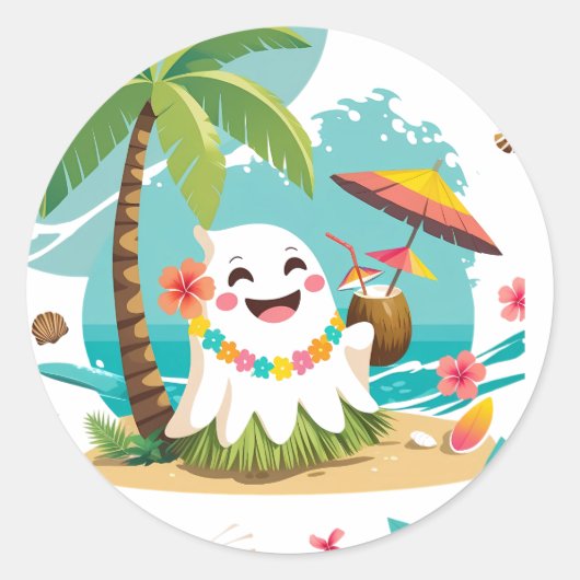 Sticker Rond Boo tropical - Kawaii Hawaiian Ghost Vacances (Devant)
