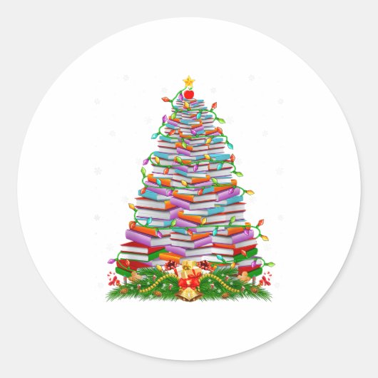 Sticker Rond Book Christmas Tree Lights Book Lover Teacher Libr (Devant)