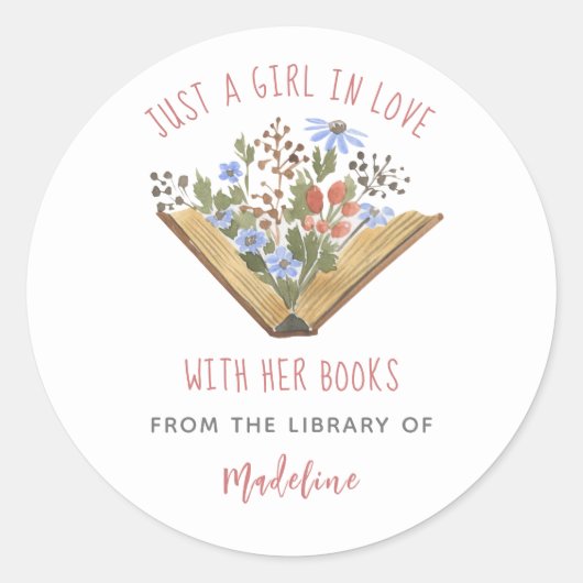 Sticker Rond Book Lover Open Book Flowers Library Bookplate (Devant)