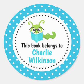 Sticker Rond Bookworm Ce Livre Appartient À Bookplate Blue Spot