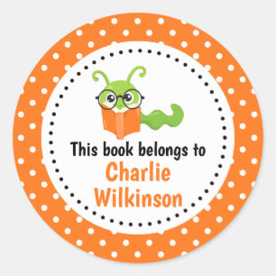 Sticker Rond Bookworm Ce Livre Appartient À Bookplate Orange
