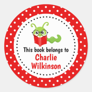 Sticker Rond Bookworm Ce Livre Appartient À Bookplate Red Spots