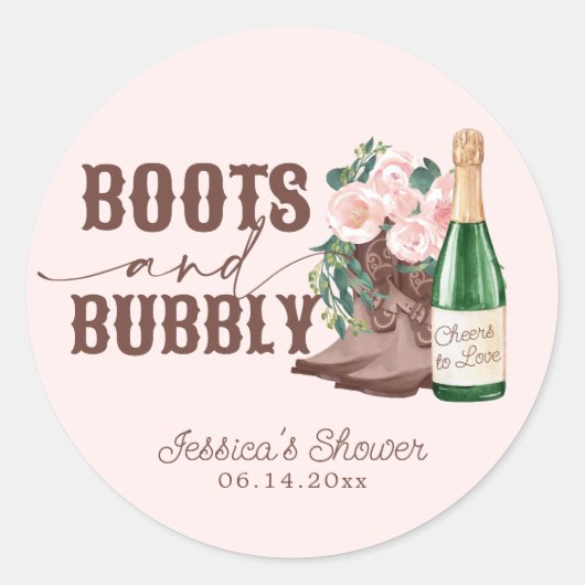Sticker Rond Boots & Bubbly Fête de mariage Floral Champagne (Devant)