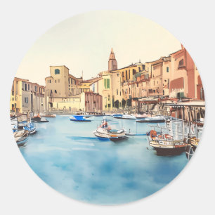 Sticker Rond Bord De Mer Et Bateaux Dans Le Port, Italien