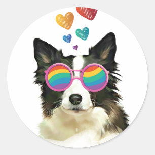 Sticker Rond Border Collie  Chien avec des cœurs Saint-Valentin