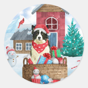 Sticker Rond Bordure Collie Chien dans la neige Maison de Chien