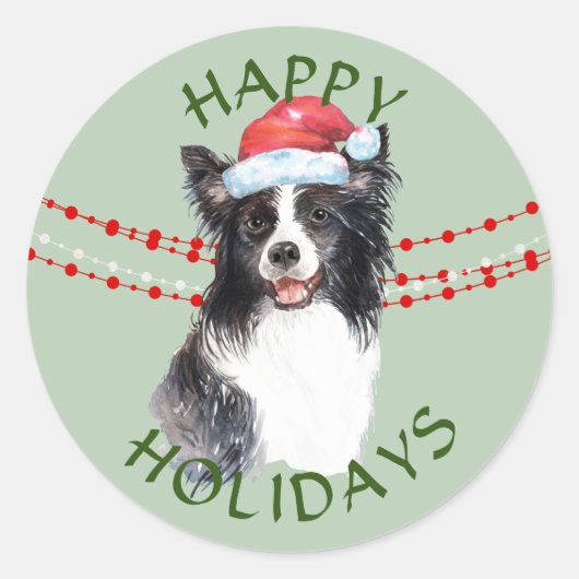 Sticker Rond Bordure Collie Chien Santa Hat Joyeuses Fêtes (Devant)