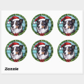 Sticker Rond Bordure Collie Vitrail Noël (Feuille)
