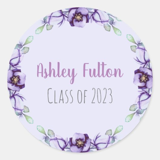 Sticker Rond bordure fleurie pourpre - classe de 2023 (Devant)