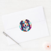 Sticker Rond Bordure géométrique Collie Chien (Enveloppe)