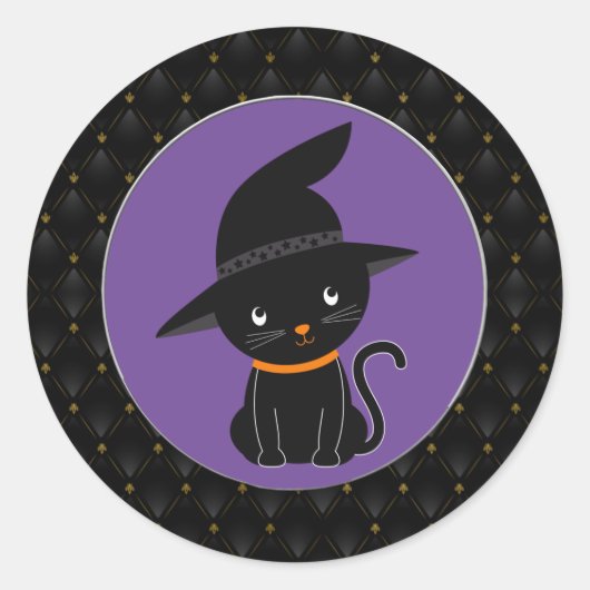Sticker Rond Bordure noire Chat noir avec une sorcière Casquett (Devant)
