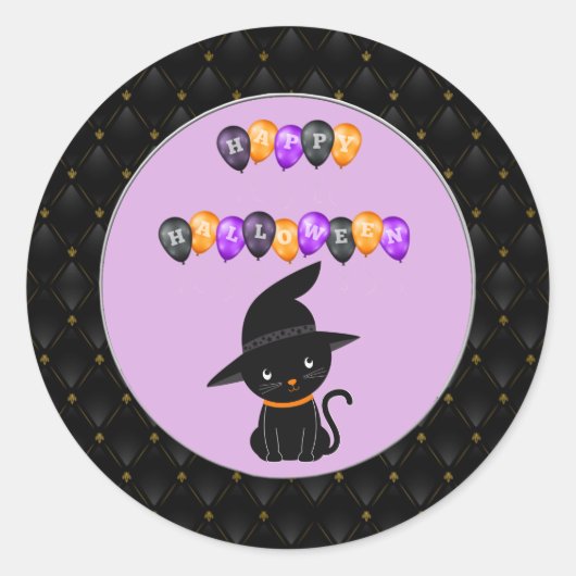 Sticker Rond Bordure noire Chat noir Joyeux Ballons Halloween (Devant)