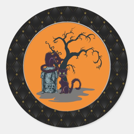 Sticker Rond Bordure noire Chats noirs Tombstone Tree Halloween (Devant)