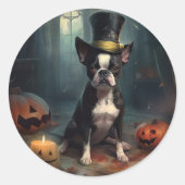 Sticker Rond Boston Terrier Citrouille Halloween effroi (Devant)