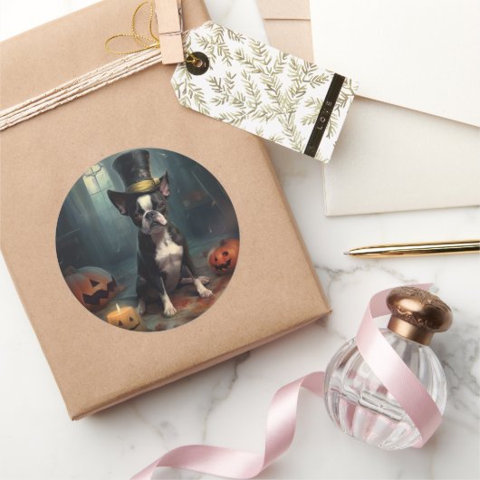 Sticker Rond Boston Terrier Citrouille Halloween effroi (Cadeaux)