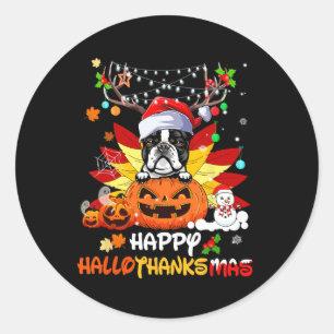 Sticker Rond Boston Terrier Dog Halloween And Merry Christmas